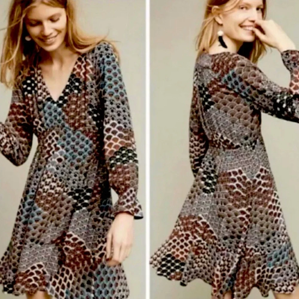 NWT Anthropologie. Maeve Monaco Empire Fan Print Peacock High Low Hem. Small